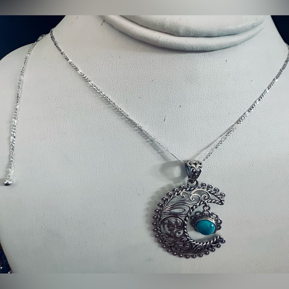 Genuine Blue Ridge Turquoise Crescent Moon SS Pendant on SS Chain Necklace NWT - Picture 7 of 12